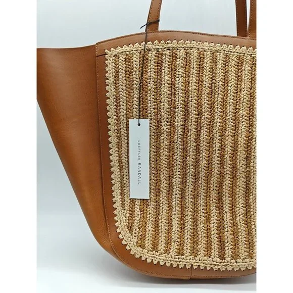 LOEFFLER RANDALL Katia crochet raffia and leather large tote- BEIGE/TAN/